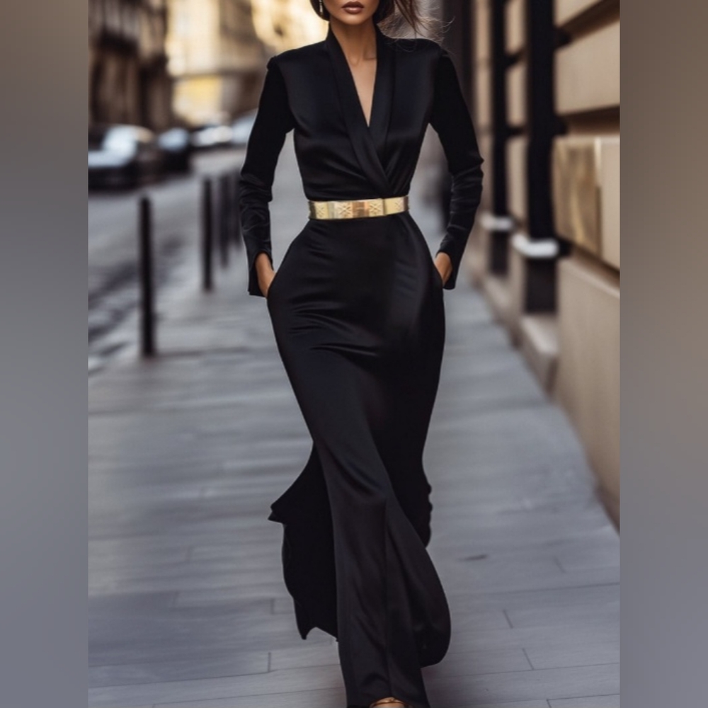 Elegant Black and Gold Plunge Long Sleeve Gown